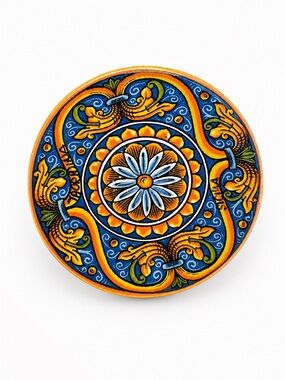 TINY Hand-Painted Ceramic Plate Magnet- Blue & Yellow Floral Medallion
